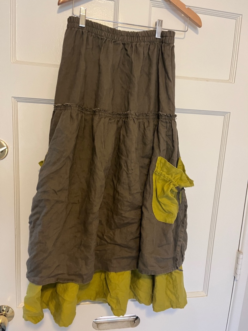 Linen  olive tiered Skirt with Chartreuse Layer - Picture 2 of 3